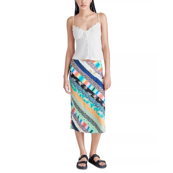  Women’s Patchwork Charmeuse Midi Slip Skirt, Patchwork Stripe, Small