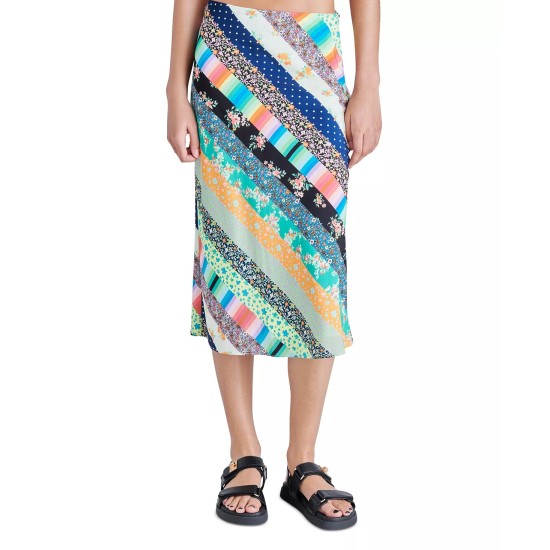  Women’s Patchwork Charmeuse Midi Slip Skirt, Patchwork Stripe, Small