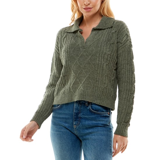  Juniors’ Cable-Knit Polo-Collar Chenille Sweater, Olive, Large
