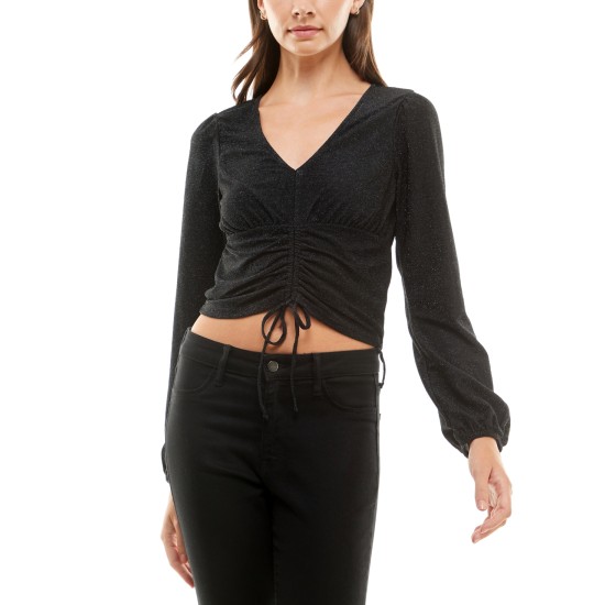  Juniors’ Glittering Ruched-Front Long-Sleeve Top, Black, Large