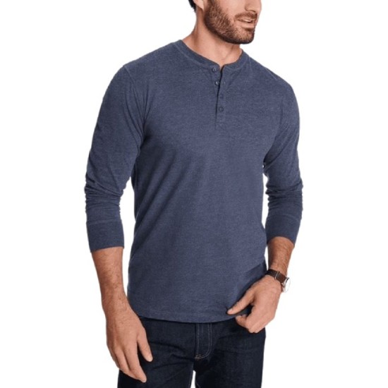  Men’s Long Sleeve Brushed Jersey Henley T-Shirt, Medium, Blue