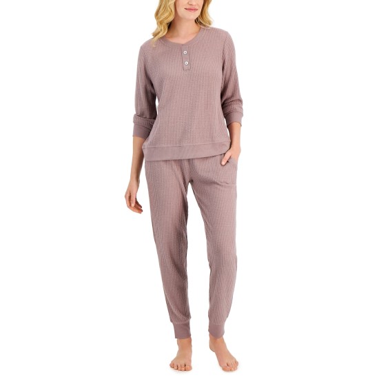  Womens Thermal Henley Pajama Set, Purple, Large
