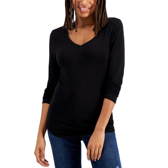  Juniors’ V-Neck Long-Sleeved Top, Black, Large