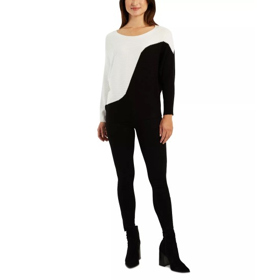  Juniors’ Colorblocked Ribbed Dolman-Sleeve Sweater, Black/white, Medium