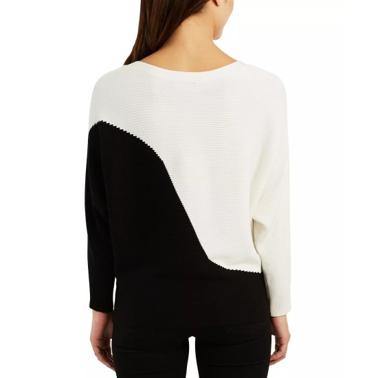  Juniors’ Colorblocked Ribbed Dolman-Sleeve Sweater, Black/white, Medium