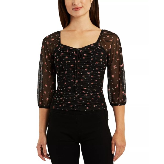  Juniors’ Floral Mesh Ruched-Front 3/4-Sleeve Top, Black, Medium