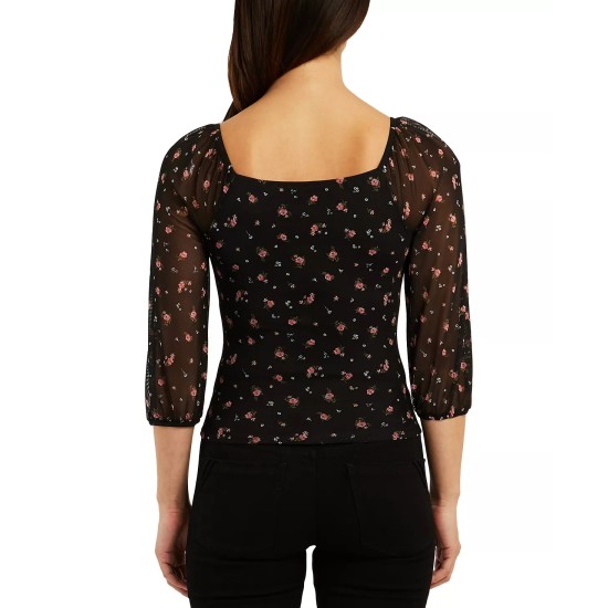  Juniors’ Floral Mesh Ruched-Front 3/4-Sleeve Top, Black, Medium