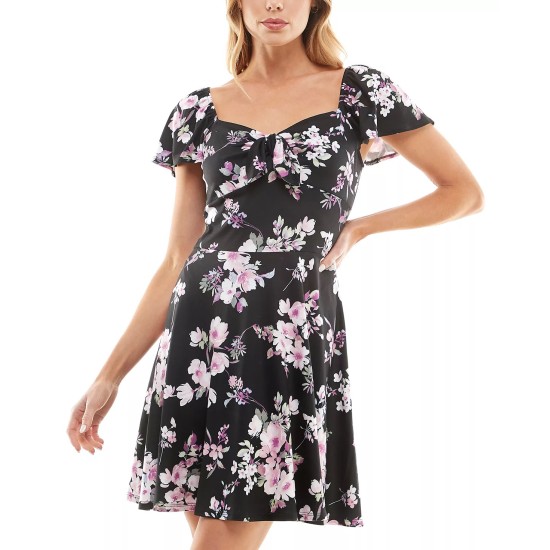  Juniors’ Floral-Print Flutter-Sleeve Fit & Flare Dress, Black/Purple, Small