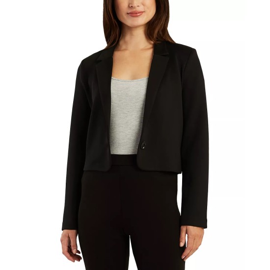  Juniors’ Notched Collar One-Button Cropped Jacket, Black, Large