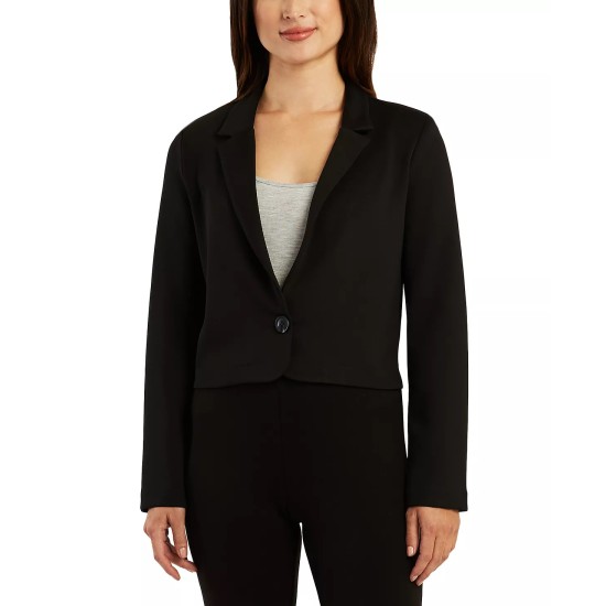  Juniors’ Notched Collar One-Button Cropped Jacket, Black, Large