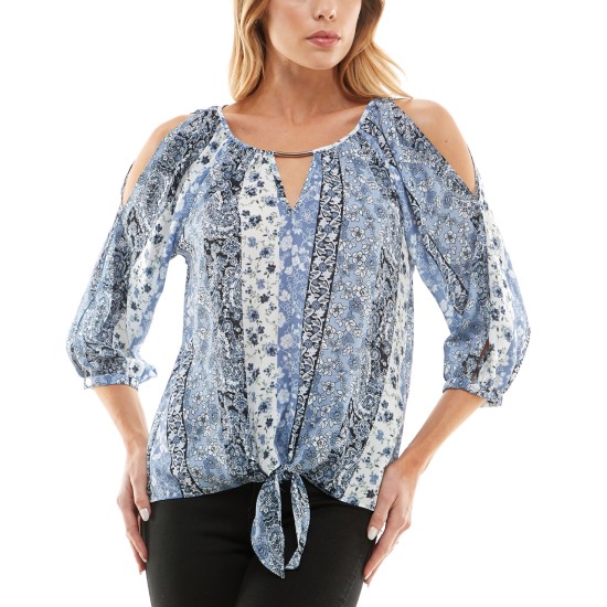  Juniors’ Printed Cold-Shoulder 3/4-Sleeve Top, Blue, Medium