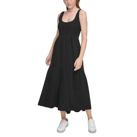  Women’s Tiered Smocked-Back Tank Dress, Black, XS