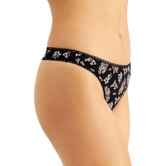  Everyday Cotton Women’s Lace-Trim Thong, Black, Small