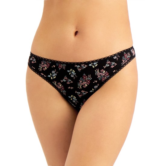  Everyday Cotton Women’s Lace-Trim Thong, Black, Large