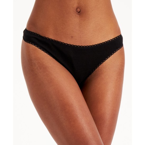  Everyday Cotton Women’s Lace-Trim Thong, Black, Medium