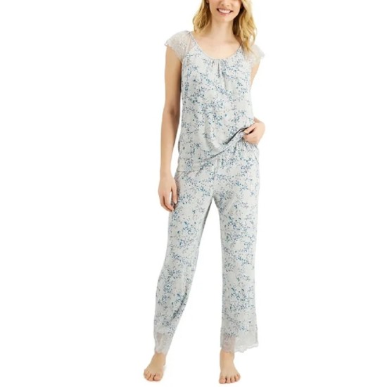  Womens Cotton Lace-Trim Pajama Set, Gray, Large