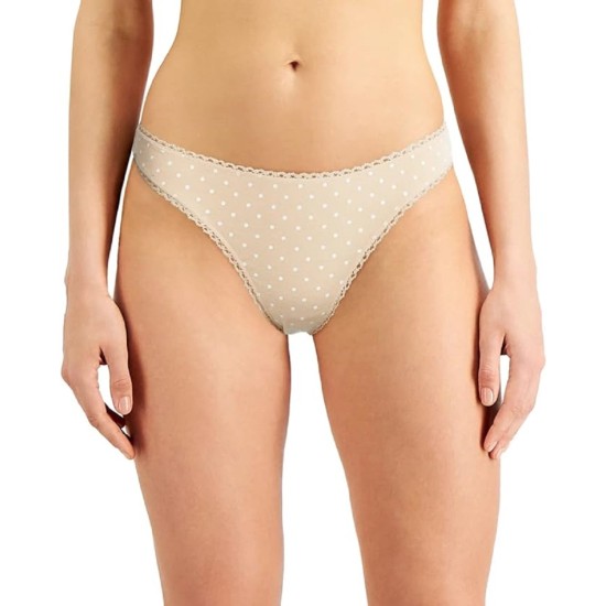  Womens Everyday Cotton Lace Trim Thong, Beige, X-Large