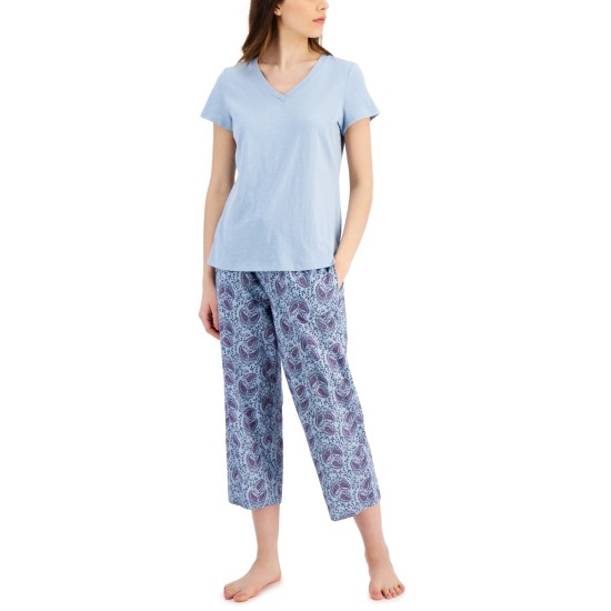  Womens Everyday Cotton V-Neck Pajama T-Shirt, Blue, Small