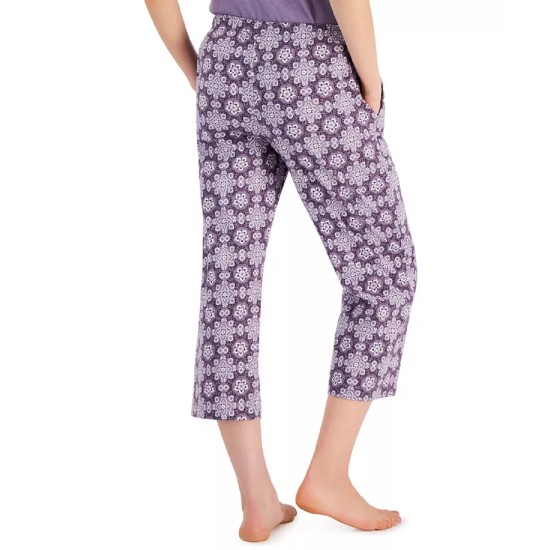  Women’s Printed Cotton Capri Pajama Pants, Purple, Medium