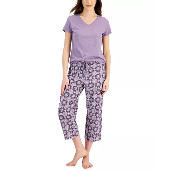  Women’s Printed Cotton Capri Pajama Pants, Purple, Medium