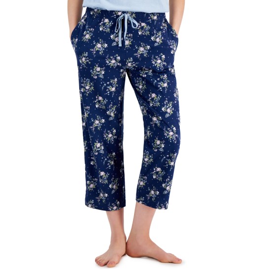  Women’s Printed Cotton Capri Pajama Pants, Navy, X-Small