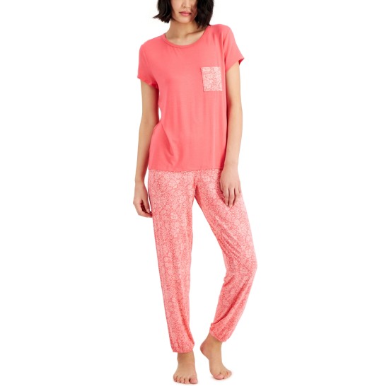  Womens Short-Sleeve & Pants Pajama Set, Pink, X-Small