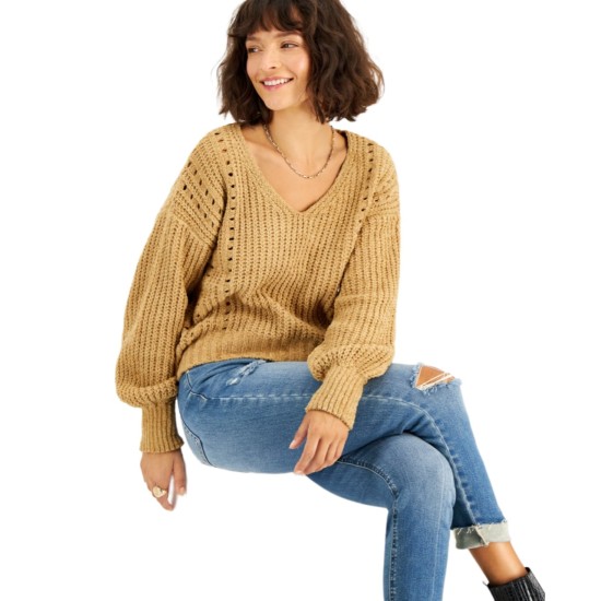  Juniors’ Chenille Pointelle Sweater, Gold, XS