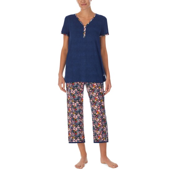  Women’s Henley Cropped Pants Pajama Set, Navy, Large
