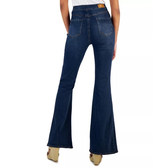  Juniors’ High-Rise Button-Fly Flare Jeans, Navy, 1