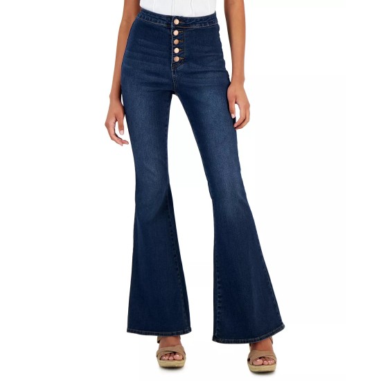  Juniors’ High-Rise Button-Fly Flare Jeans, Navy, 1