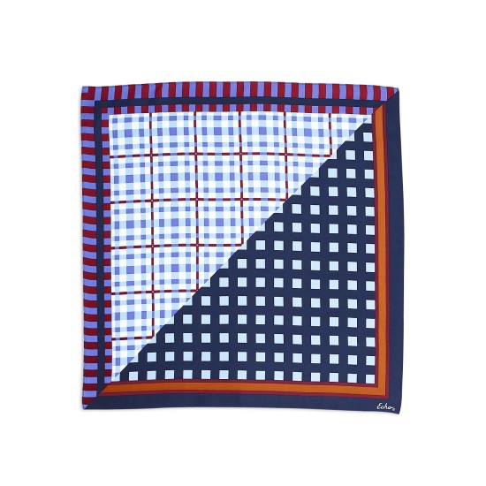  Womens Patchwork Plaid Silk Neckerchief, Navy, 21×21