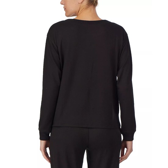  Womens Long Sleeve Pajama Top, Black, Small