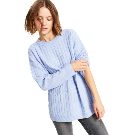  Juniors’ Cable-Knit Long-Sleeve Tunic Sweater, Stormy Peri, XS