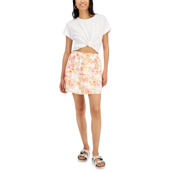  Juniors’ Elasticized-Waist Poplin Tiered Mini Skirt, Ivory, Small