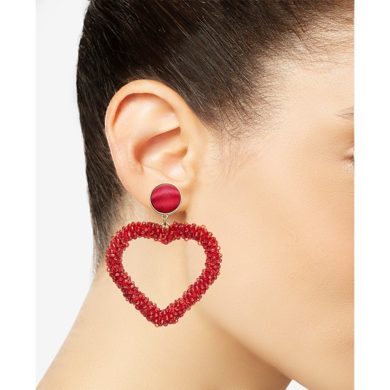  Gold-Tone Beaded Heart Drop Earrings, Red