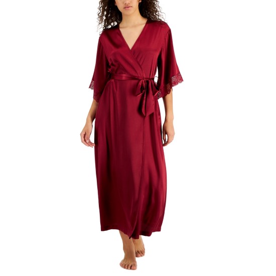  Satin Lace-Trim Long Wrap Robe, Rhododendron, XX-Large