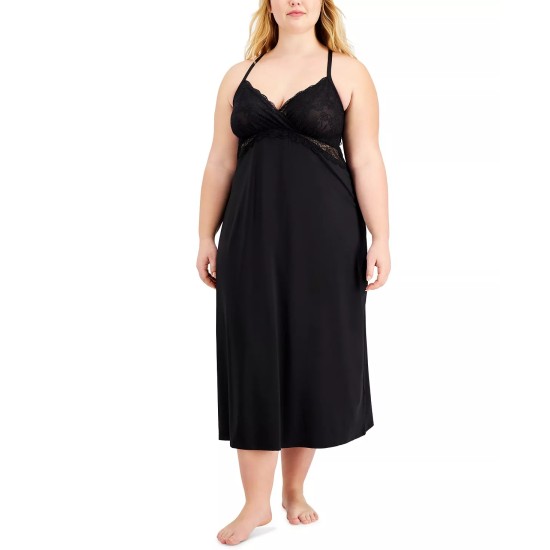  Womens Plus Size Lace Chemise Nightgown, Black, 2X