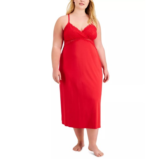 Womens Plus Size Lace Chemise Nightgown, Red, 2X