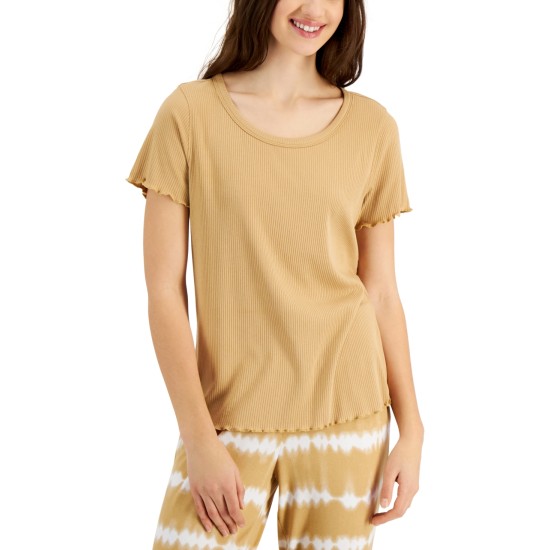  Womens Lettuce Edge Solid Ribbed Sleep T-Shirt, Camel, Large