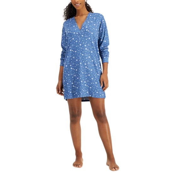 Women’s Printed Long-Sleeve Sleep Shirt, Blue, Large