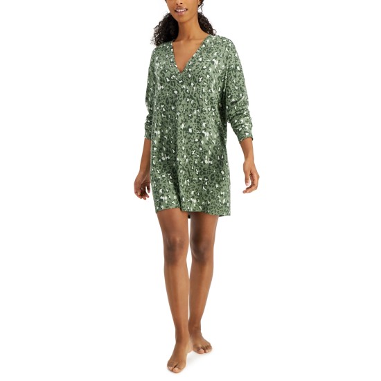  Women’s Printed Long-Sleeve Sleep Shirt, Green, Medium