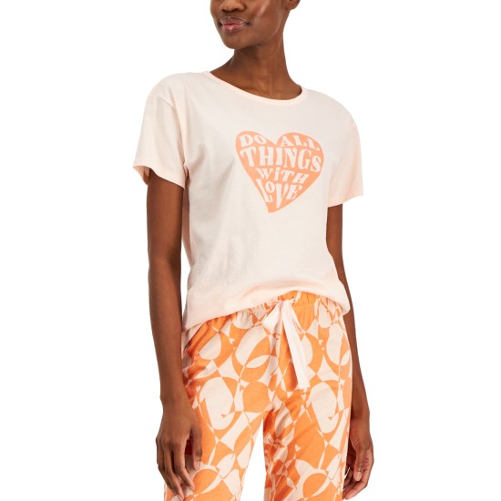  Women’s Short-Sleeve Graphic-Print Sleep Tee, Orange, Small