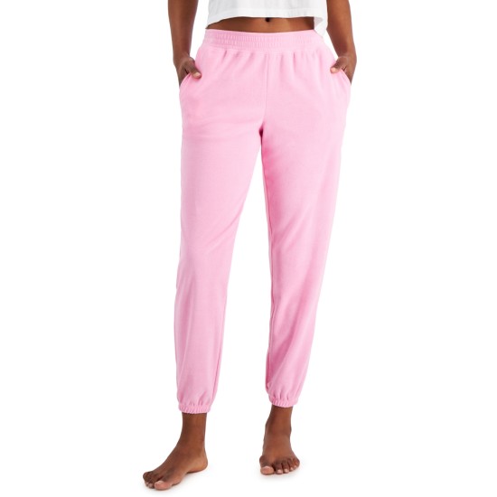  Women’s Smocked-Waist Terrycloth Jogger Pants, Pink, Small