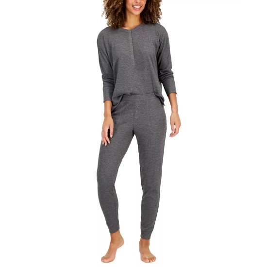  Women’s Waffle Henley Sleep Top, Gray, Small