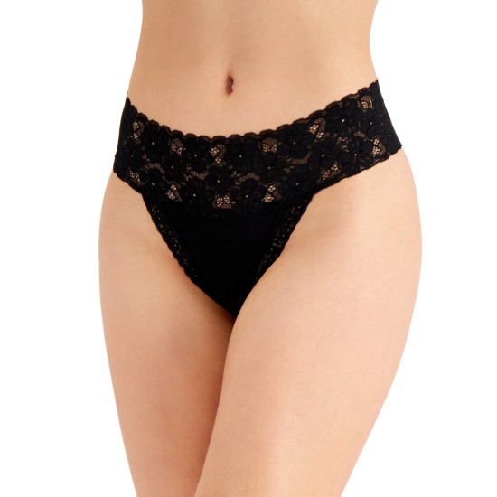  Women’s Wide-Lace-Waist Thong Underwear, Black, Small