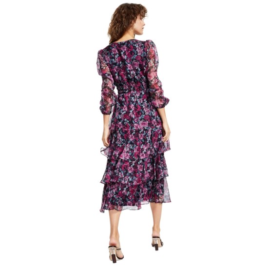  Women’s Claire Floral-Print Tiered Midi Dress, Fuschia Black, Large