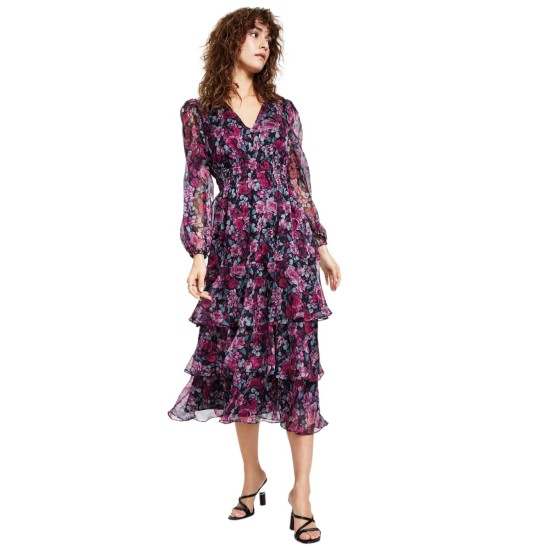  Women’s Claire Floral-Print Tiered Midi Dress, Fuschia Black, Large