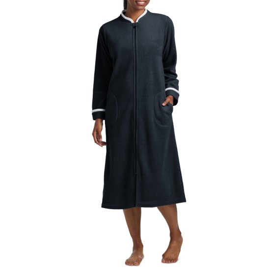  Women’s Long-Sleeve Zip-Up Knit Robe, Black, X-Large