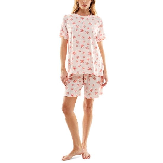  Women’s Printed Bermuda Shorts Pajama Set, Pink, Small
