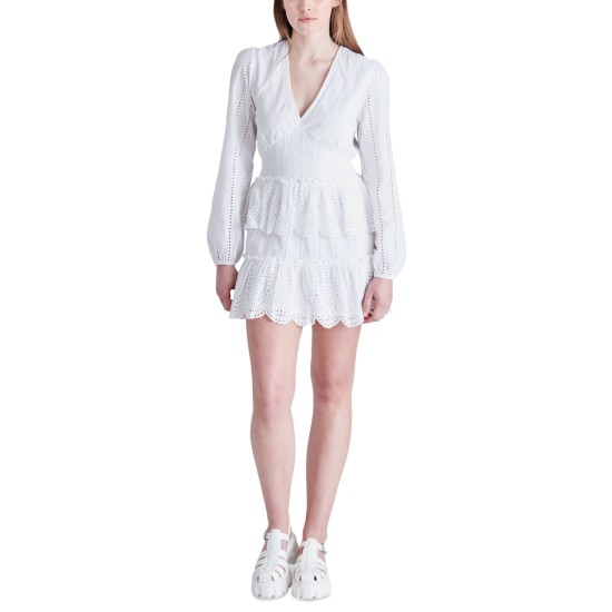  Women’s Raquelle Cotton Eyelet Tiered Mini Dress, White, Large